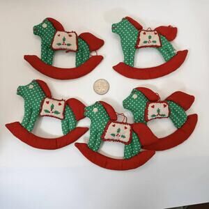 Vtg Rocking Horse Xmas‎ Tree Ornaments 5 Fabric Red Green Polka Dot
